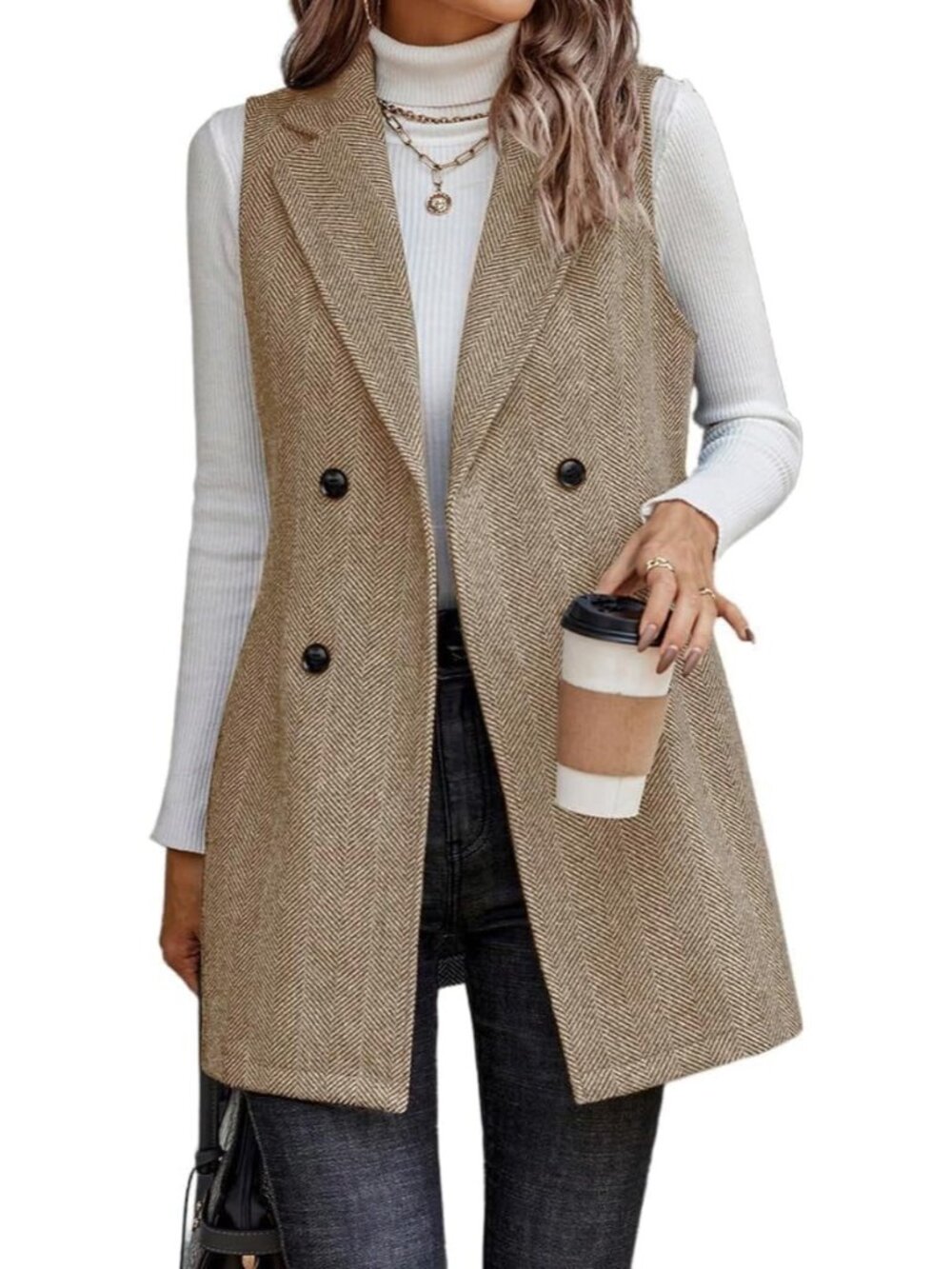 Women Light Brown Notch Collar Sleeveless Cardigan Outerwear Blazer Fall Jackets